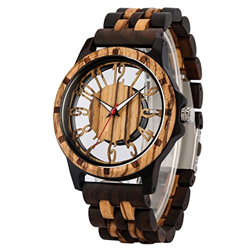 Realpoo Transparent Deep Brown Skeleton Arabic Numerals Dial Quartz Wooden Men's Watch, Quartz Movement Natural Wood Strap Watches for Men - Deep Brown
