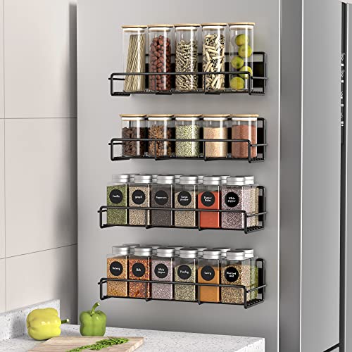HuggieGems 4 Pack Magnetic Spice Rack Organizer for Refrigerator and Microwave Oven, Metal Fridge Shelf for Kitchen, Black
