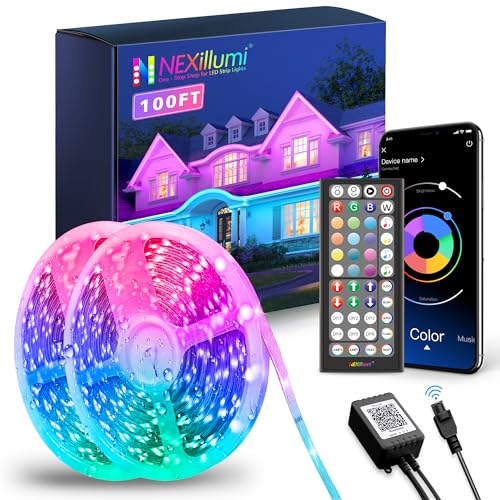 Nexillumi 100ft Waterproof LED Strip Lights with Remote, SMD 5050 Color Changing Music Sync App Control LED Lights for Bedroom, Living Room, Dorms, Room Decor(Strip Lights 50ft x 2)