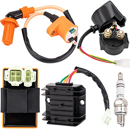 GY6 150cc Ignition Coil Kit for 150cc 125cc 50cc ATV Quad Go Kart Moped Scooter, High performance GY6 Ignition Coil, 6 Pin AC CDI Box, Voltage Regulator, Rectifier Solenoid relay&A7TC Spark Plug
