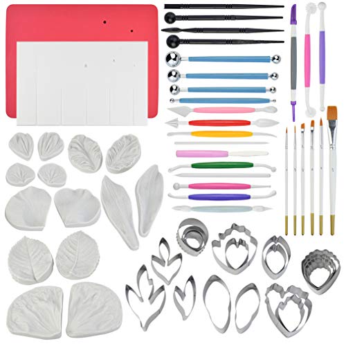 62pcs Gumpaste Flowers and Leaves Fondant Tool Leaf Tool Kit Gum Paste Flower Cutter Set Stainless Steel Flower Cutter Silicone Molds Foam Pad Veining Board Ball Tools Modelling Tools Brushes