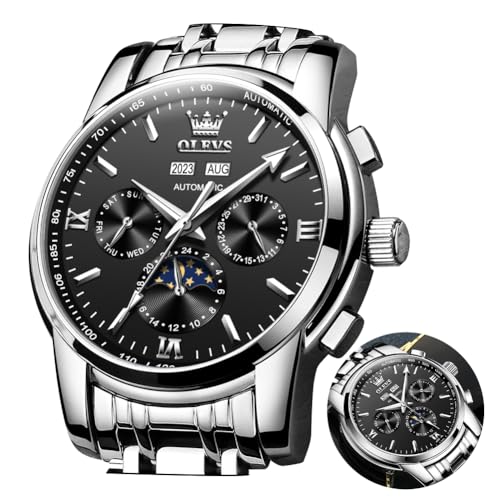 OLEVS Automatic Men Watches Mechanical Self Winding Luxury Dress Moon Phase Dial Black Face White Stainless Steel Waterproof Luminous Men Wrist Watch