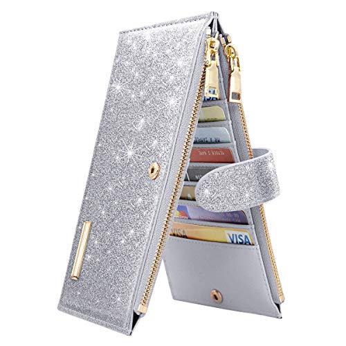 Coco Rossi Womens RFID Blocking Glitter Wallet Multi Card Organizer Bifold Wallet for Women with Zipper Pocket,Silver