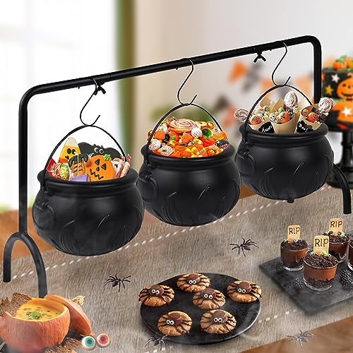 Halloween Witch Cauldron Candy Serving Bowl Hocus Pocus Decor, Set of 3 Black Plastic Cauldron Bowls with Iron Rack, Spooky Candy Bucket Punch Bowls for Table Home Indoor Party Decorations