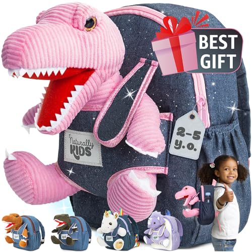 Naturally KIDS Toddler Backpack w Stuffed Animal Toy, Toddler Gifts for Boys Girls, Small Backpack, Pink Dinosaur Toys