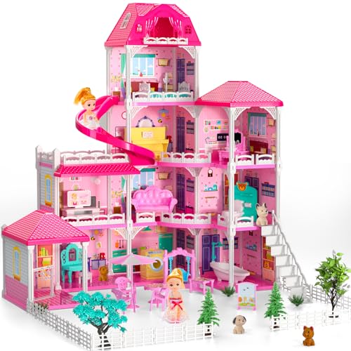 Doll House, Dream Doll House Furniture Pink Girl Toys, 4 Stories 10 Rooms Dollhouse with 2 Princesses Slide Accessories, Toddler Playhouse Gift for for 3 4 5 6 7 8 9 10 Year Old Girls Toys