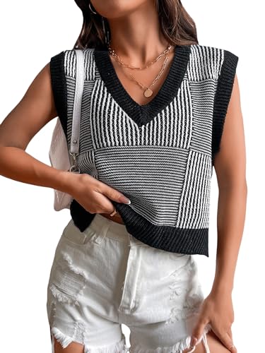 SOLY HUX Women's Sleeveless V Neck Sweater Vest Trendy Pullover Knitwear Tank Tops Black and White M
