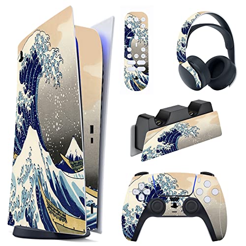 PlayVital Great Wave Dual Side Full Set Skin Decal for PS5 Console Digital Edition, Sticker Vinyl Decal Cover for PS5 Controller & Charging Station & Headset & Media Remote