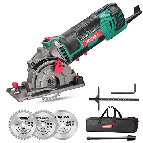 Mini Circular Saw, HYCHIKA Compact Circular Saw Tile Saw with 3 Saw Blades 4A Pure Copper Motor, Scale Ruler, 3-3/8”4500RPM Ideal for Wood, Soft Metal, Tile and Plastic Cuts