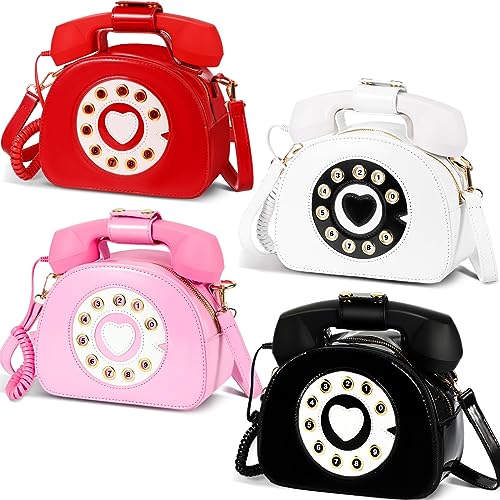 Sweetude 4 Pcs Fun Telephone Purse for Women Novelty Phone Tote Handbags Retro Top Handle Shoulder Crossbody Bag Dial Telephone Bag Cute Movable Microphone Purse for Girls Christmas, 4 Colors