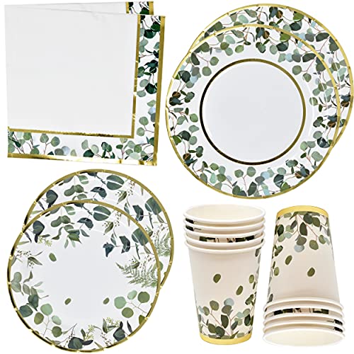 Gift Boutique Eucalyptus Greenery Party Supplies Disposable Tableware Set Gold Foil Floral Leaf Garden 24 9' Paper Plate 24 7' Plate 24 9 Oz Cup 50 Lunch Napkin for Jungle Safari Baby Bridal Shower