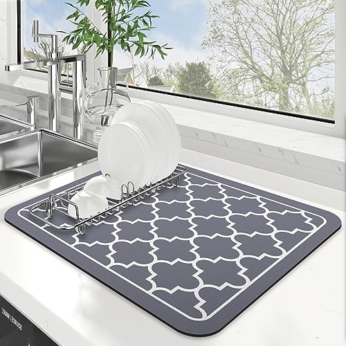 WISELIFE Dish Drying Mat Super Absorbent Drying Mat Large Dish Drying Mats for Kitchen Counter Easy clean Dish Mat Kitchen Drying Mat 15' x 18' Grey
