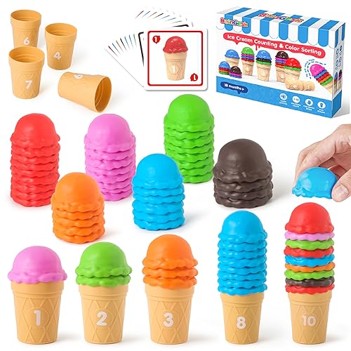BainGesk Ice Cream Counting and Color Sorting Toys Sets, Stacking Toy for Aged 2-4 Boys and Girls, Montessori Fine Motor Skills Toys, Preschool Learning Toys, for 2 3 4 Year Old Kids