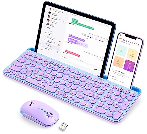seenda Bluetooth Keyboard and Mouse for iPad, Multi-Device Bluetooth + 2.4G Wireless Keyboard Mouse with Tablet Holder for MacBook/Windows Computer, iOS/Andriod Tablet Phone, Blue & Purple