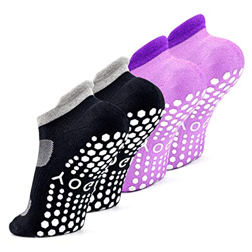 Busy Socks Ballet Socks Women Grip,Hospital Non Slip Lightweight Labor and Delivery Home Floor Socks,2 Pairs,Black/Purple