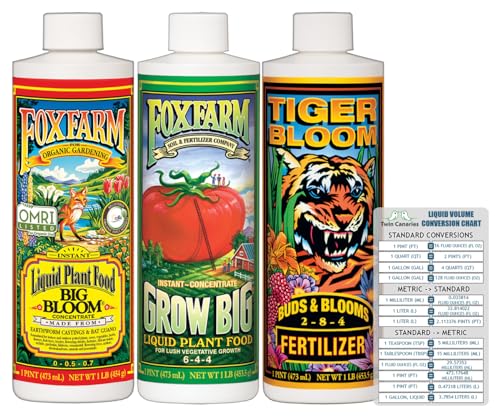 FoxFarm Liquid Nutrient Trio Soil Formula: Big Bloom, Grow Big, Tiger Bloom (Pack of 3-16 oz Bottles) + Twin Canaries Chart