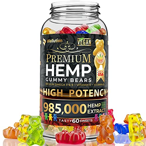 Wellution Hemp Gummies 985,000 High Potency - Fruity Gummy Bear with Hemp Oil. Natural Hemp Candy Supplements - Nutritional Value & Great Taste