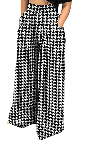 NRTHYE Wide Leg Pants for Women Stretchy High Rised Houndstooth Palazzo Pants Loose Sweatpants Trousers