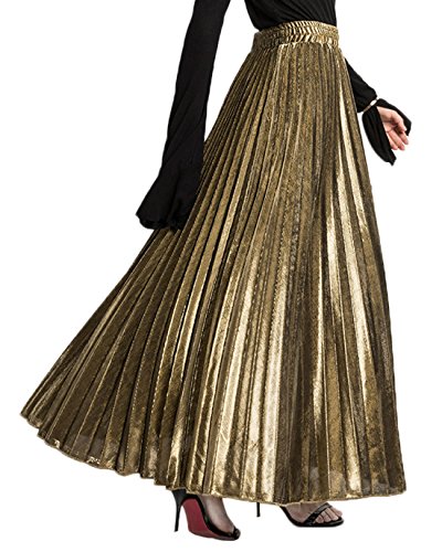 CHARTOU Women's Premium Metallic Shiny Shimmer Accordion Pleated Long Maxi Skirt (Large, Gold)
