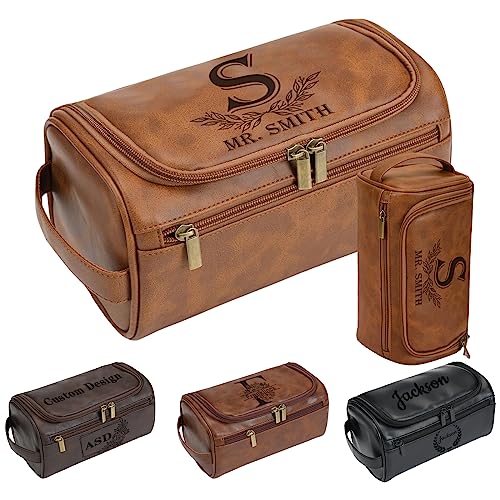 EAQ Personalized Toiletry Bag for Men, Personalized Leather Dopp Kits Customizable Travel Organizer Engraved Name/Logo for Husband, Boyfriend, Dad, Wedding, Anniversary, Gift