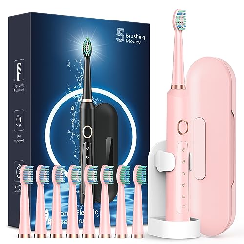 Rtauys M5 Sonic Electric Toothbrush for Adults - Rechargeable Electric Toothbrush with 8 Brush Heads & Travel Case, Power Electric Toothbrush with Holder, 3 Hours Charge for 120 Days - Pink