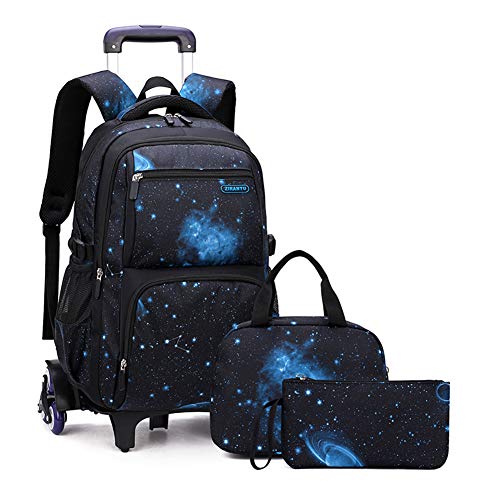Boys Rolling Backpacks Galaxy School Backpack with Wheels Boys Trolley Bags Durable Wheeled Bookbag with Lunch Bag