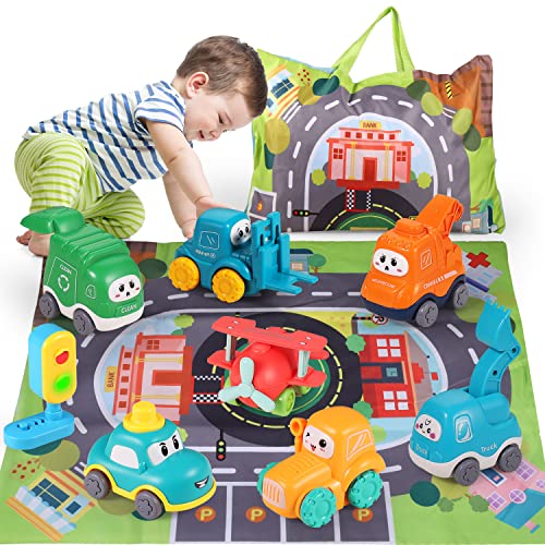 8 PCS ALASOU Baby Truck Car Toys with Playmat/Storage Bag|Baby Toys for 1 2 3 Year Old Boy|1 2 Year Old Boy Birthday Gift for Infant Toddlers|First Birthday Gifts for Toddler Toys Age 1-2