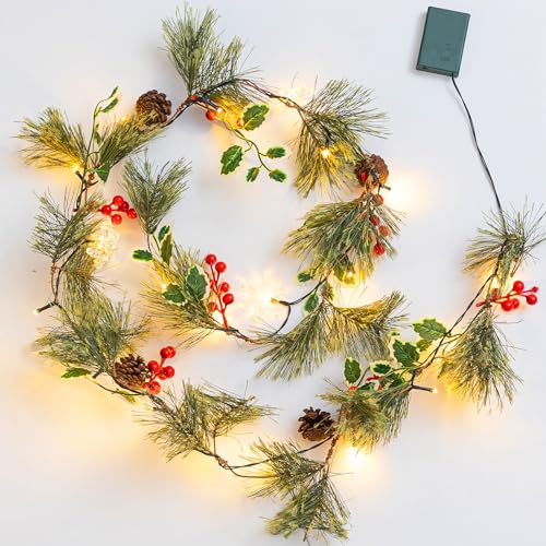 6FT Lighted Christmas Garland Pre-lit with 20 LED Lights, Battery Operated, Rustic Christmas Garland Decorated with Pine Cones, Red Berries, Pineneedle for Mantle Stairs Wall, Indoor Outdoor Use