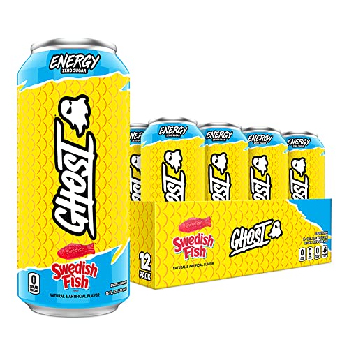GHOST ENERGY Sugar-Free Energy Drink - 12-Pack, SWEDISH FISH, 16oz Cans - Energy & Focus & No Artificial Colors - 200mg of Natural Caffeine, L-Carnitine & Taurine - Gluten-Free & Vegan