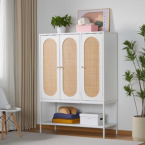LEVNARY Large Armoire Wardrobe Closet with 3 Doors, Rattan Wardrobe Cabinet with Shelves and Hanging Rail for Clothes, Freestanding Wooden Closet for Bedroom (White)