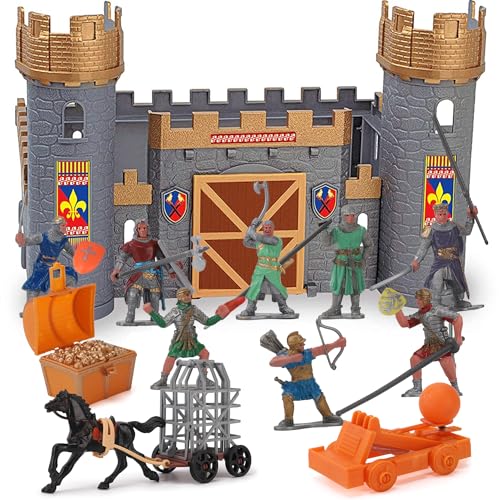 Liberty Imports Medieval Castle Royal Kingdom Knights Action Figure Toy Army Playset with Knight Figurines, Catapult, and Accessories Kids Playset in Storage Bucket