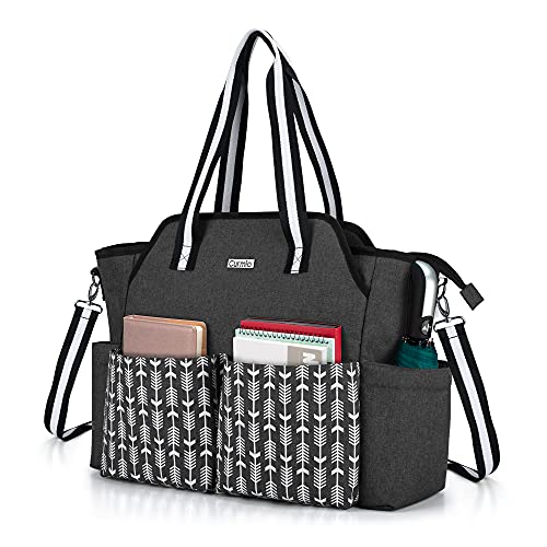 CURMIO Teacher Work Bag for Women, Portable Teacher Utility Tote Bag with Padded Laptop Sleeve, Black with Arrow (Bag Only, Patented Design)
