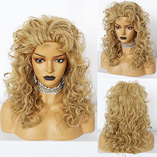Anogol Wig Cap+ Disco Wig Women Long Curly Blonde Synthetic Wigs for 80s Wig Cosplay Costume Afro Wig Costume Wig for Halloween Party
