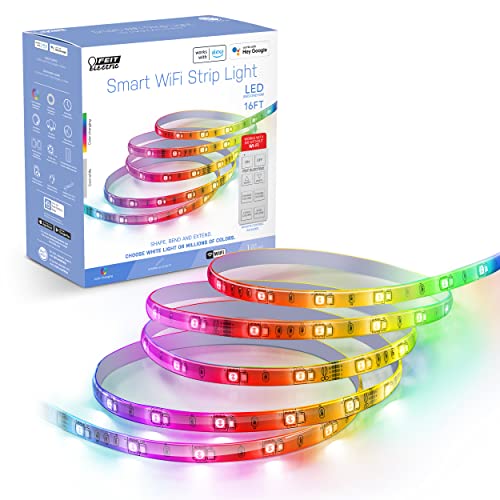 Feit Electric Smart LED Strip Lights, 16ft, Linkable, RGBW Color Changing, 2.4 GHz Wi-Fi Enabled, Works with Alexa and Google Asst, 10W, No Hub Required, Remote Control Included, TAPE192/RGBW/AG/RP