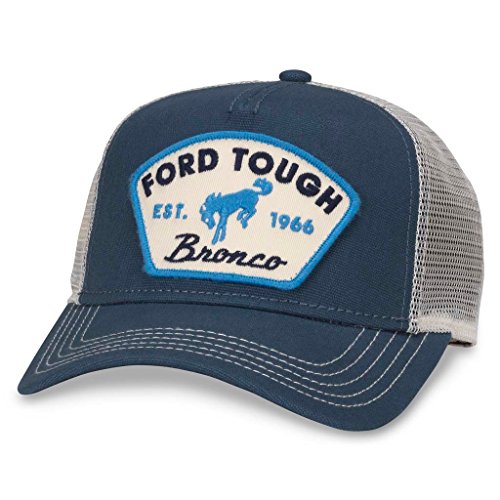 AMERICAN NEEDLE Valin Mesh Trucker Snapback Hat, Ford Bronco Tough, Ivory/Navy (FORD-1709A)