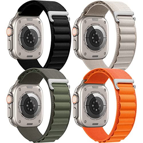 4 Pack Alpine Loop Nylon Band Compatible with Apple Watch Ultra Band 42/44/45mm Men Women, Adjustable C-Hook Strap for iWatch Series Ultra2/Ultra1 SE/9/8/7/6/5/4/3/2/1, Black/Green/Starlight/Orange
