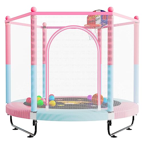 60' Trampoline for Kids, 5 FT Toddler Baby Trampoline with Safety Enclosure Net, Indoor or Outdoor Pink/Blue Small Trampolines with Basketball Hoop, Birthday Gifts for Kids, Gifts for Girl Age 3-8