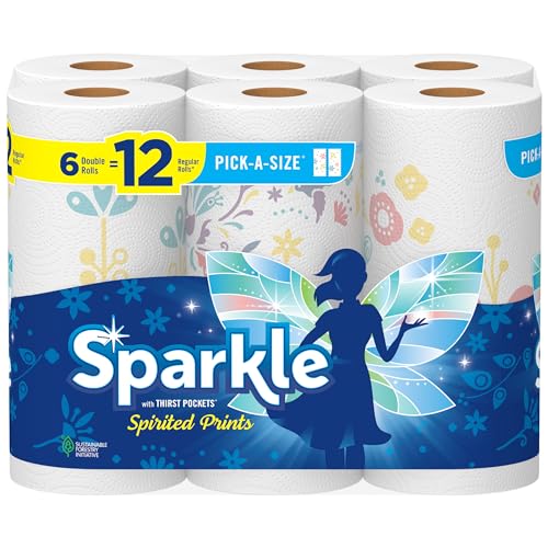 Sparkle Pick-A-Size Paper Towels, Spirited Prints, 6 Double Rolls = 12 Regular Rolls, Strong and Absorbent Paper Towel