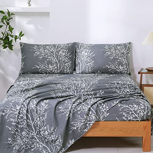 Vaulia Soft Microfiber Blossom Branches and Leaves Print Pattern Sheet Sets, White/Grey Color Queen Size 4 Piece Set (1 Flat Sheet 1 Fitted Sheet 2 Pillowcases)