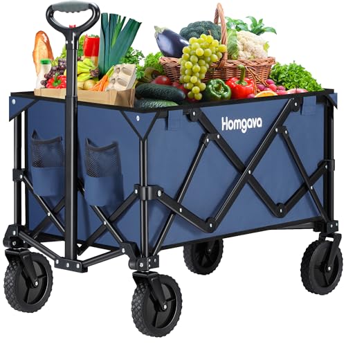 Homgava Collapsible Folding Wagon Cart,Outdoor Beach Wagon,Heavy Duty Garden Cart with All Terrain Wheels,Portable Large Capacity Utility Wagon for Camping Fishing Sports Shopping, Blue