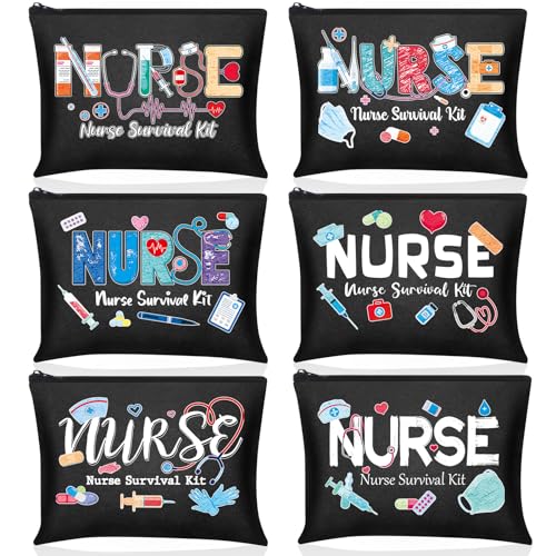 Photect 6 Pieces Nurse Makeup Bags Nurse Canvas Cosmetic Bag Nurse Survival Kit Travel Pouch Bag Nursing Zipper Pouch Nurse Gift for Women Girls Nurses School Nurse Practitioner Supplies (Black)