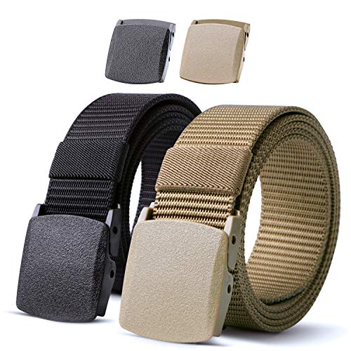 JASGOOD Nylon Military Tactical Men Belt 2 Pack Webbing Outdoor Web Belt With Plastic Buckle Snow Pants Belts, A-Black+Green Khaki, Fits Pant up to 54 Inch
