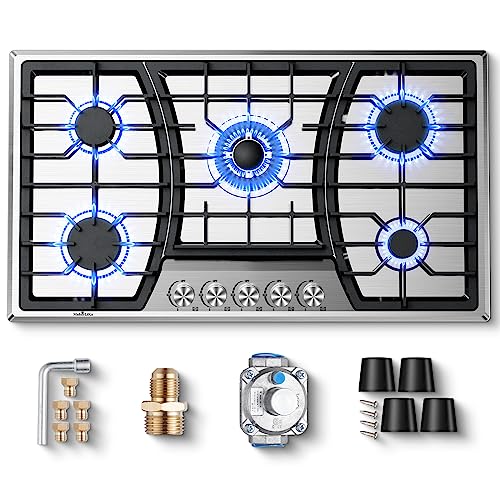 36 Inch Gas Cooktop, Maharlika Gas Stove Top Bulit-in with 5 Burner Stainless Steel Total 41,132 BTU, 36' NG/LPG Convertible Cooktops Dual Fuel, Five Burner Propane Cooktop with Thermocouple Protect