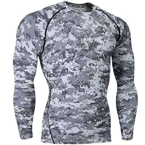NOOZ Men's Cool Dry Compression Baselayer Long Sleeve T Shirts - Gray Camo, Medium