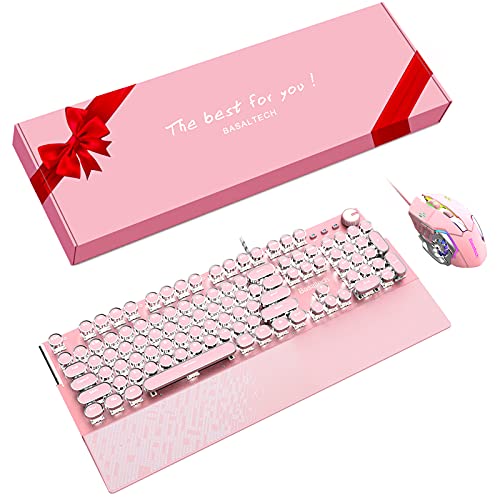 Basaltech Typewriter Keyboard and Mouse Combo, Pink Gaming Keyboard with White LED Backlight, Round Keys Blue Switch Mechanical Keyboard with Magnetic Removable Wrist Rest for Game and Office