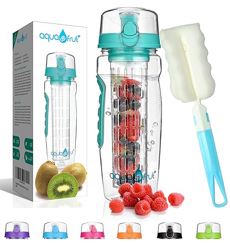 aquaFrut 32 OZ Fruit Infuser Water Bottle BPA-Free Fruit Infusion Sports Bottle - Flip Top Lid w Drinking Spout, Leak Proof, Made of Durable Tritan. Free Recipe eBook! (Teal)