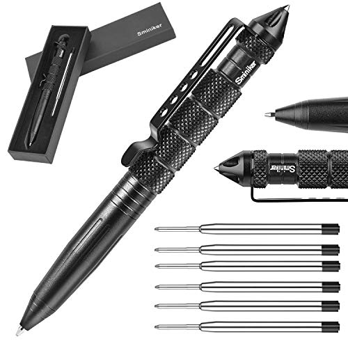 Sminiker Professional Tactical Pen with 6 ink refills Aircraft Aluminum Pen With Glass Breaker Writing Multifunctional Tool (Black)