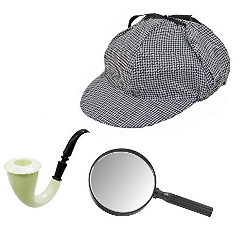 NOVELTY GIANT WWW.NOVELTYGIANT.COM Classic Detective Houndstooth Deerstalker Sleuth Costume Hat With Costume Pipe & Magnifying Glass