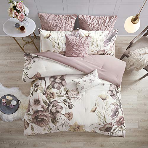 Madison Park Cassandra Cotton Blend Comforter Set - Feminine Design Colorful Floral Print, All Season Down Alternative Bedding Layer and Matching Shams, King, Blush 8 Piece