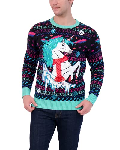 Holiday Hype Men's Festive Ugly Christmas Holiday Party Pull Over Sweater, Magical Ice Unicorn, Small